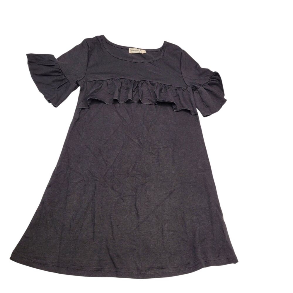 BesserBay Girl Casual Crew Neck Ruffle Short Sleeve A Line Cotton Black Dress XS